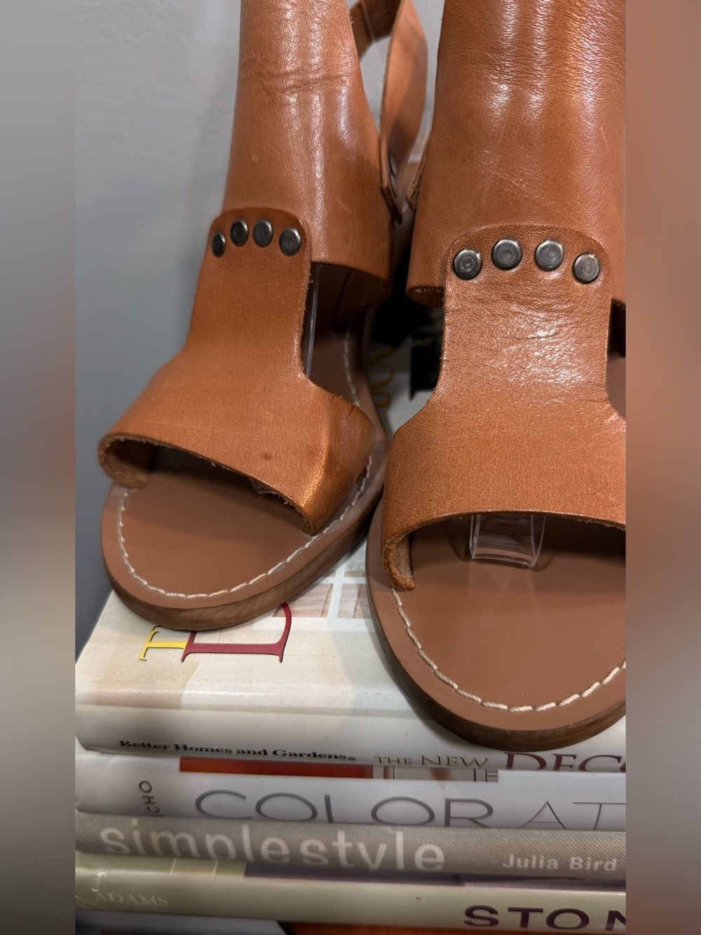 Tan Leather Open-Toe Block Heel Sandals - Stylish Slingback - Picture 6 of 16